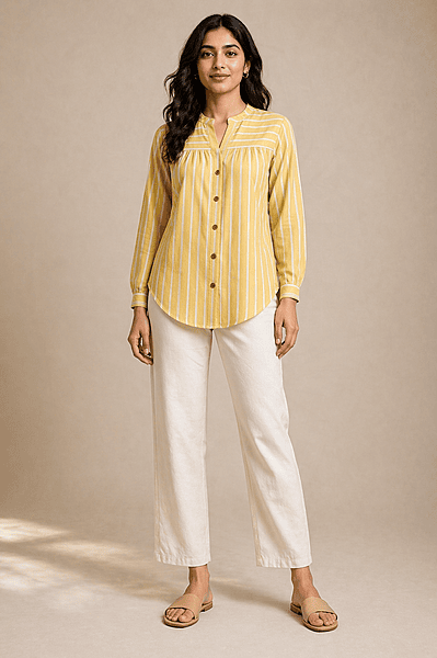 Mustard Yellow Striped Cotton Shirt Top with Gathered Yoke & Curved Hem