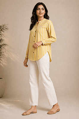 Mustard Yellow Striped Cotton Shirt Top with Gathered Yoke & Curved Hem