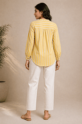 Mustard Yellow Striped Cotton Shirt Top with Gathered Yoke & Curved Hem