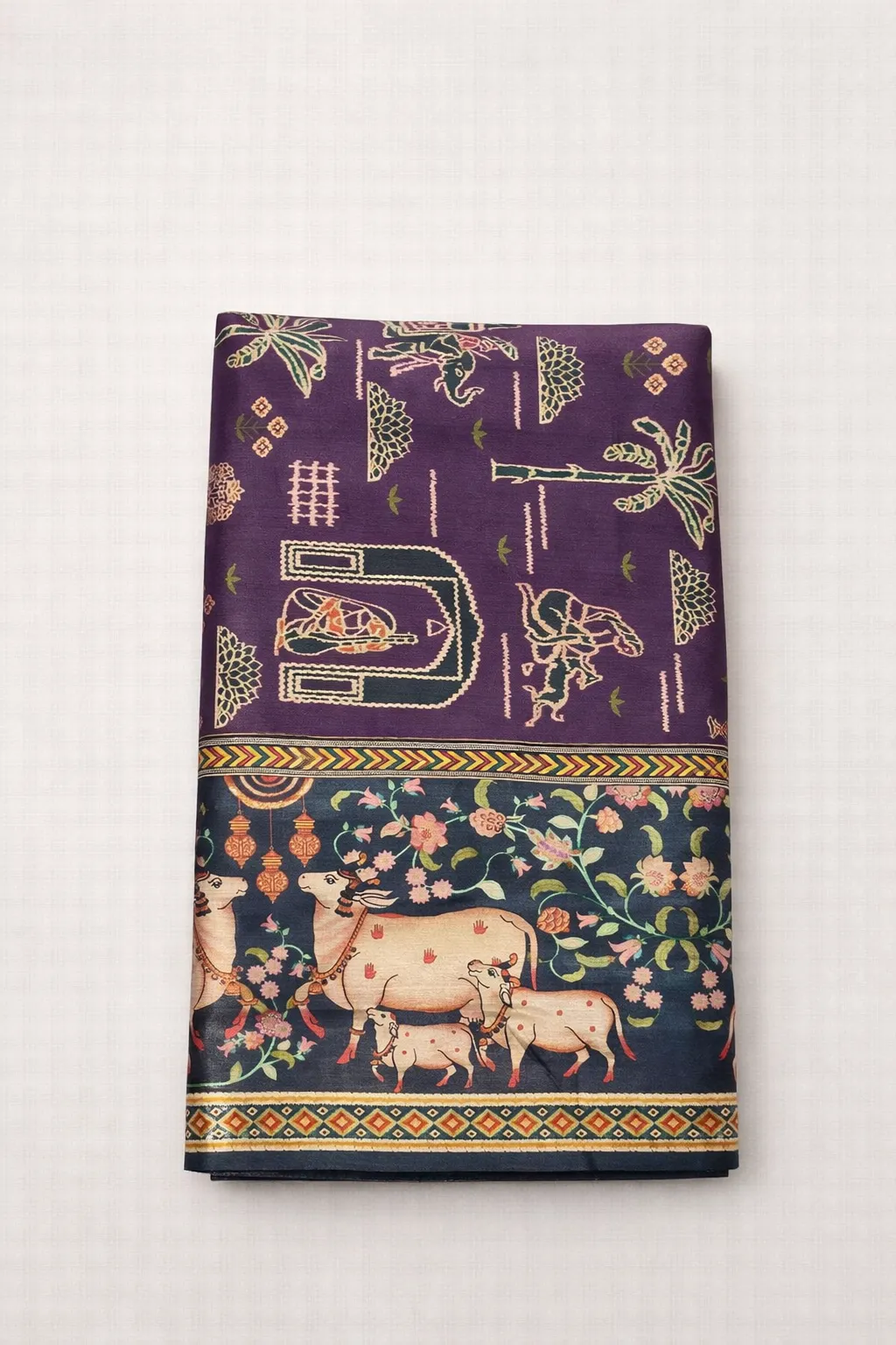 Semi-Tussar Purple traditional cow motif printed saree