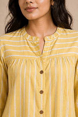 Mustard Yellow Striped Cotton Shirt Top with Gathered Yoke & Curved Hem