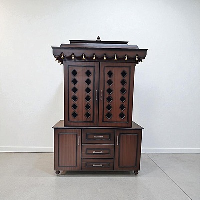 SAF-PJ-006 MDF Pooja Mandapam 3 Drawer with 2 Cupboard|78X48|New Walnut||Pooja Unit