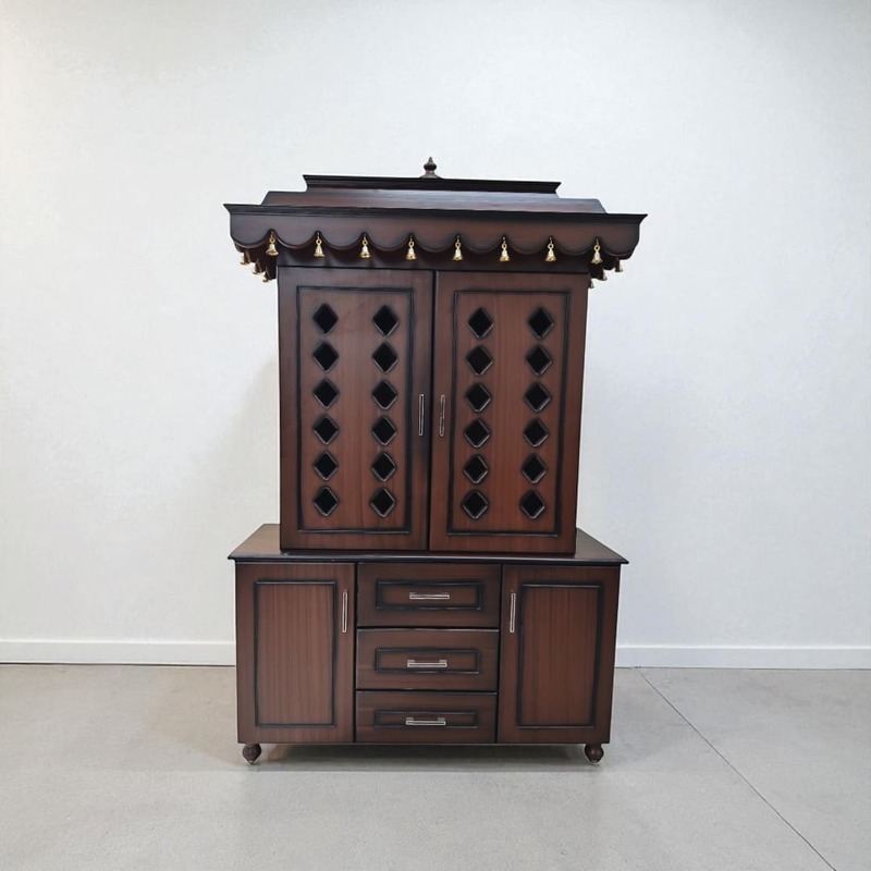 SAF-PJ-006 MDF Pooja Mandapam 3 Drawer with 2 Cupboard|78X48|New Walnut||Pooja Unit