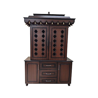 SAF-PJ-006 MDF Pooja Mandapam 3 Drawer with 2 Cupboard|78X48|New Walnut||Pooja Unit