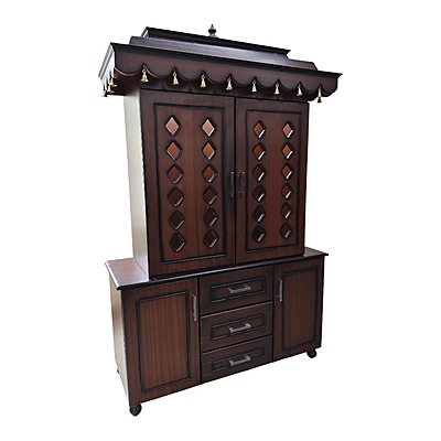 SAF-PJ-006 MDF Pooja Mandapam 3 Drawer with 2 Cupboard|78X48|New Walnut||Pooja Unit