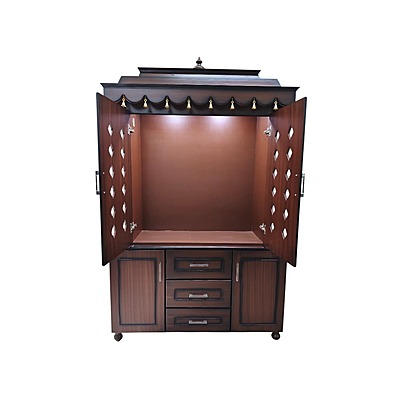 SAF-PJ-006 MDF Pooja Mandapam 3 Drawer with 2 Cupboard|78X48|New Walnut||Pooja Unit