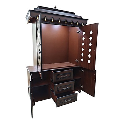 SAF-PJ-006 MDF Pooja Mandapam 3 Drawer with 2 Cupboard|78X48|New Walnut||Pooja Unit