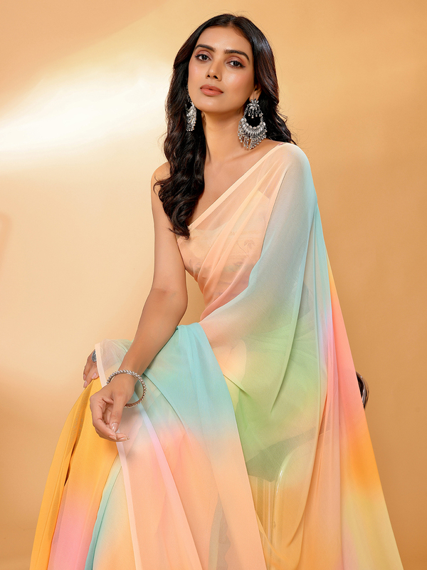 Saree - Georgette Candy Floss Ombre Ready To Wear Solid Saree with Unstitched Blouse