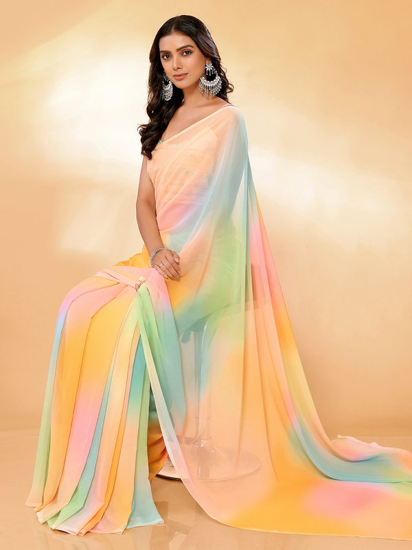 Saree - Georgette Candy Floss Ombre Ready To Wear Solid Saree with Unstitched Blouse