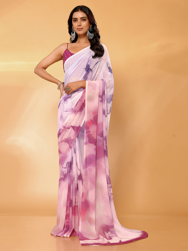 Saree - Georgette Purple - Pink Ombre Ready To Wear Solid Saree with Unstitched Blouse