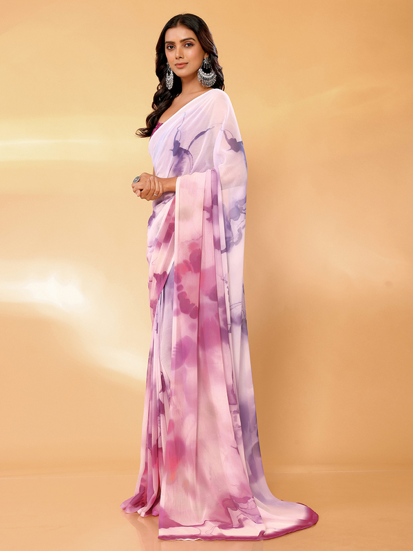 Saree - Georgette Purple - Pink Ombre Ready To Wear Solid Saree with Unstitched Blouse