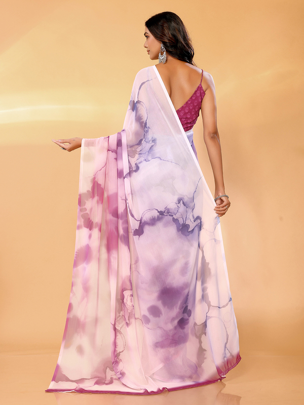 Saree - Georgette Purple - Pink Ombre Ready To Wear Solid Saree with Unstitched Blouse