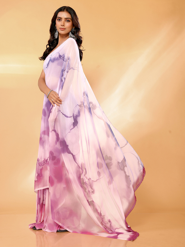 Saree - Georgette Purple - Pink Ombre Ready To Wear Solid Saree with Unstitched Blouse