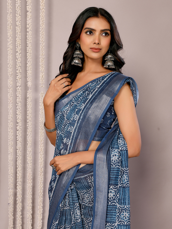 Saree - Cotton Lenin Blue Ready To Wear Solid Saree with Unstitched Blouse