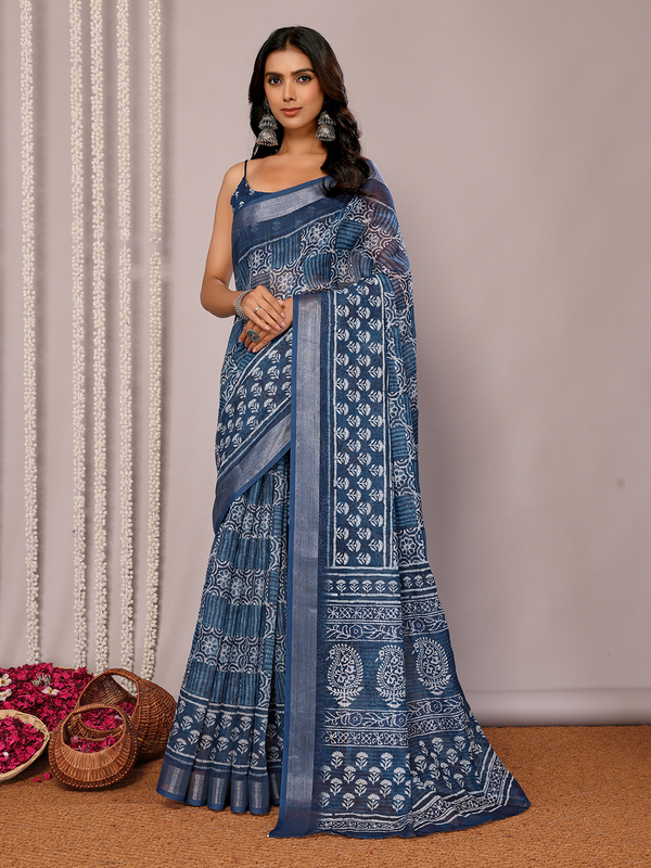 Saree - Cotton Lenin Blue Ready To Wear Solid Saree with Unstitched Blouse