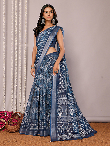 Saree - Cotton Lenin Blue Ready To Wear Solid Saree with Unstitched Blouse