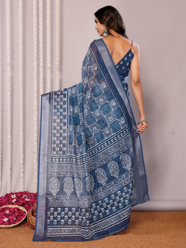 Saree - Cotton Lenin Blue Ready To Wear Solid Saree with Unstitched Blouse