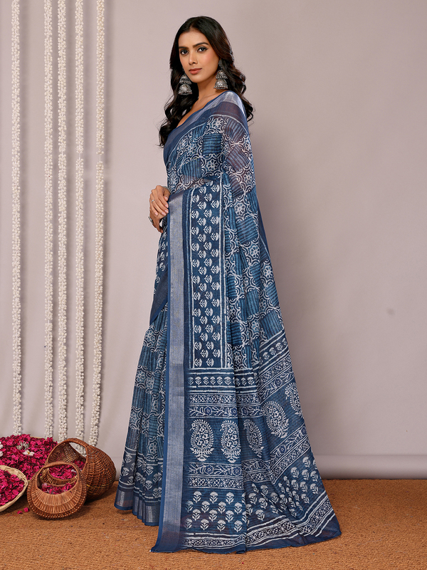 Saree - Cotton Lenin Blue Ready To Wear Solid Saree with Unstitched Blouse