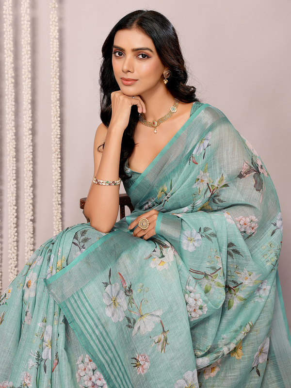 Saree - Cotton Lenin Sage Green Ready To Wear Solid Saree with Unstitched Blouse