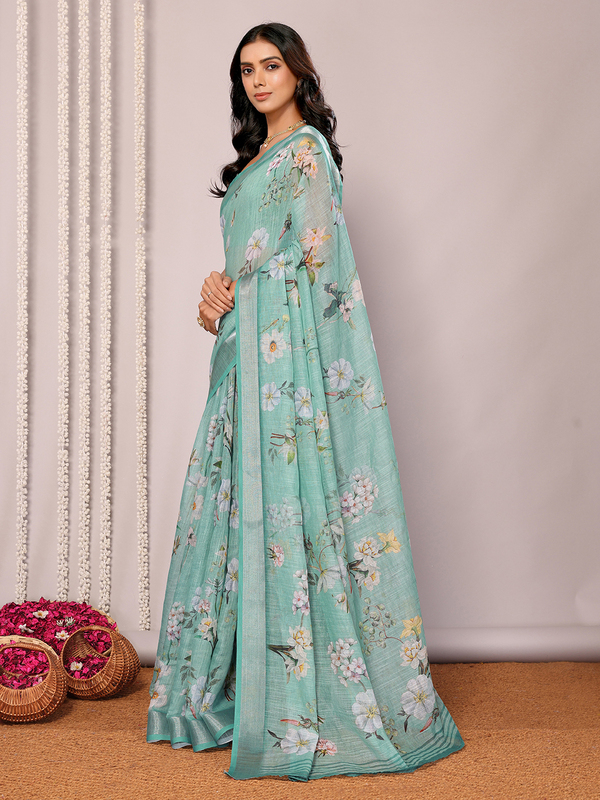 Saree - Cotton Lenin Sage Green Ready To Wear Solid Saree with Unstitched Blouse