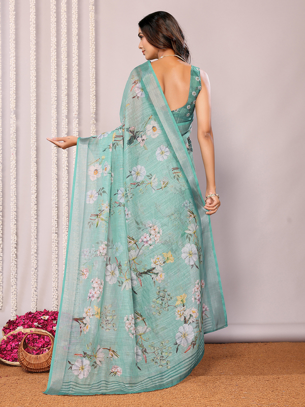 Saree - Cotton Lenin Sage Green Ready To Wear Solid Saree with Unstitched Blouse