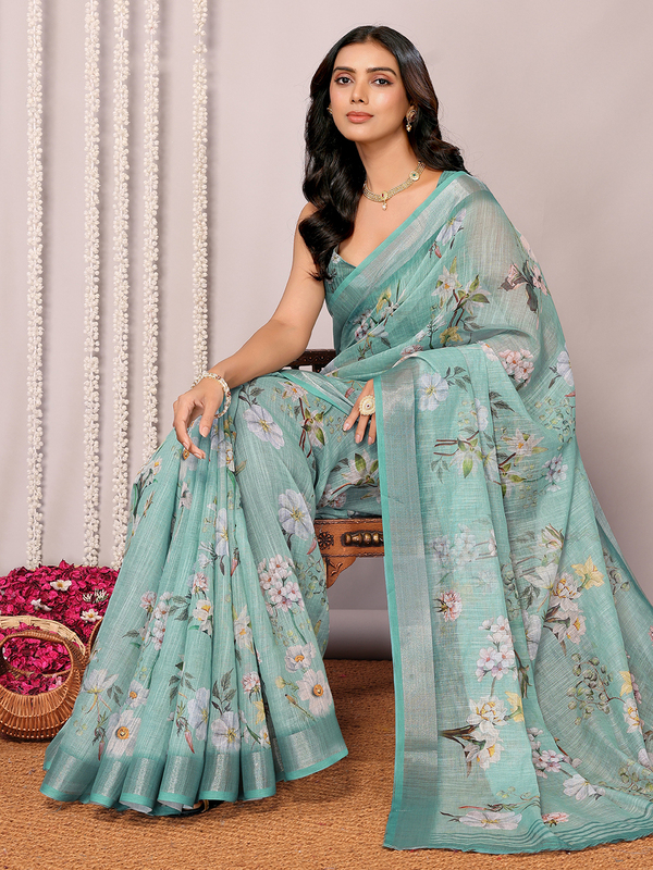 Saree - Cotton Lenin Sage Green Ready To Wear Solid Saree with Unstitched Blouse