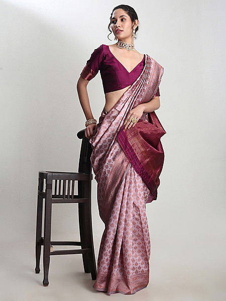Saree - Silk Blend Dusty Pink Ready To Wear Solid Saree with Unstitched Blouse