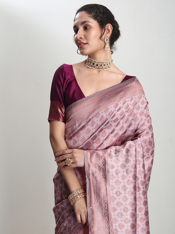 Saree - Silk Blend Dusty Pink Ready To Wear Solid Saree with Unstitched Blouse