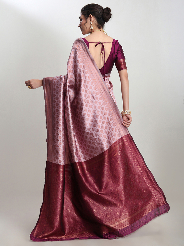 Saree - Silk Blend Dusty Pink Ready To Wear Solid Saree with Unstitched Blouse