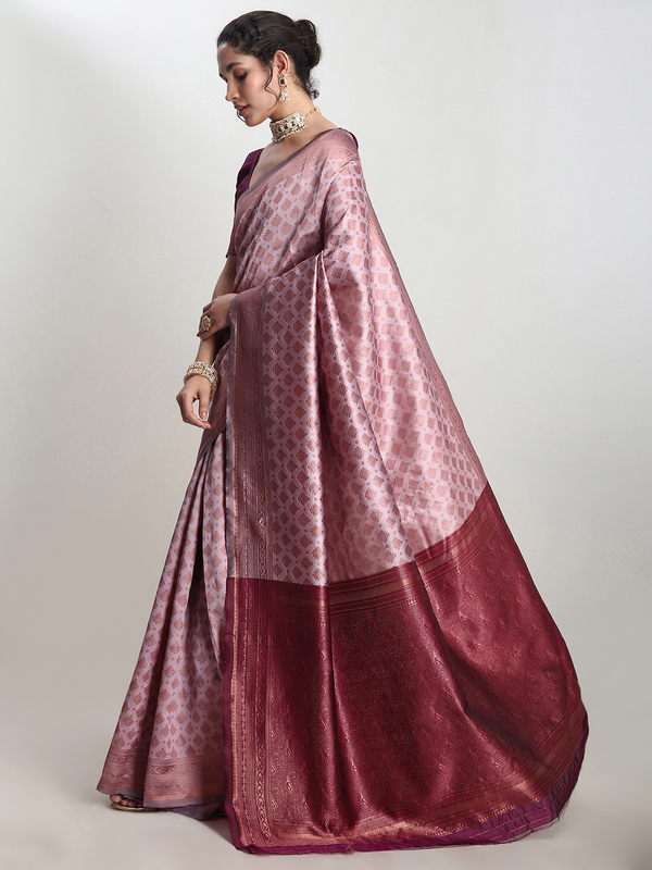 Saree - Silk Blend Dusty Pink Ready To Wear Solid Saree with Unstitched Blouse