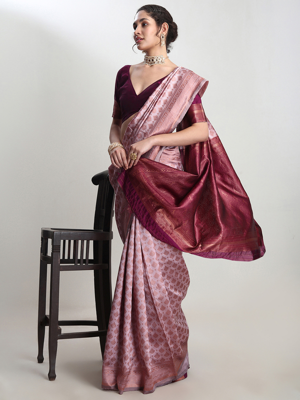 Saree - Silk Blend Dusty Pink Ready To Wear Solid Saree with Unstitched Blouse