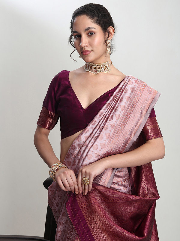 Saree - Silk Blend Dusty Pink Ready To Wear Solid Saree with Unstitched Blouse