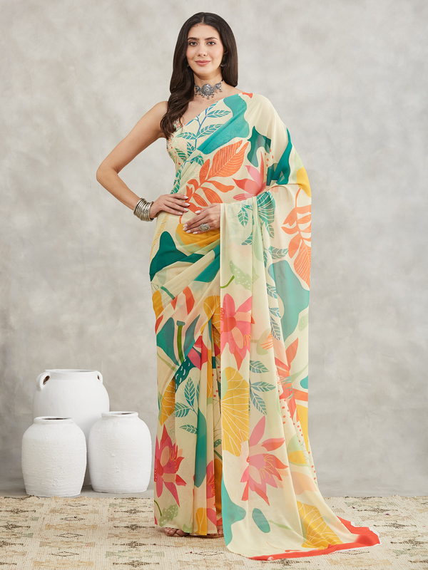 Saree - Georgette Tropical Print Ready To Wear Solid Saree with Unstitched Blouse