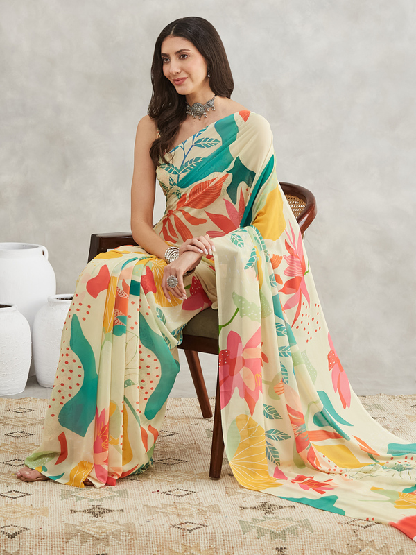 Saree - Georgette Tropical Print Ready To Wear Solid Saree with Unstitched Blouse