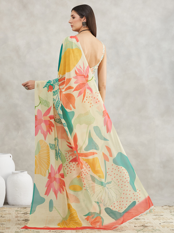 Saree - Georgette Tropical Print Ready To Wear Solid Saree with Unstitched Blouse