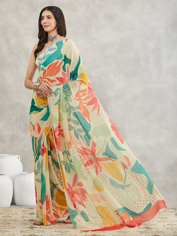 Saree - Georgette Tropical Print Ready To Wear Solid Saree with Unstitched Blouse