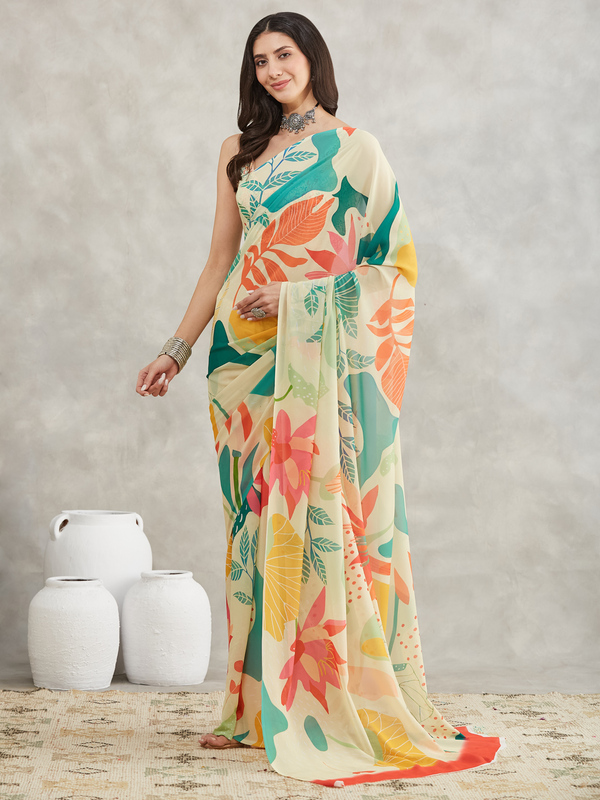 Saree - Georgette Tropical Print Ready To Wear Solid Saree with Unstitched Blouse