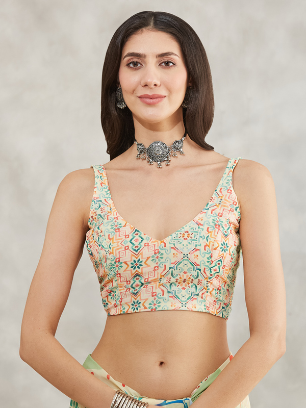 Saree - Georgette Tropical Print Ready To Wear Solid Saree with Unstitched Blouse