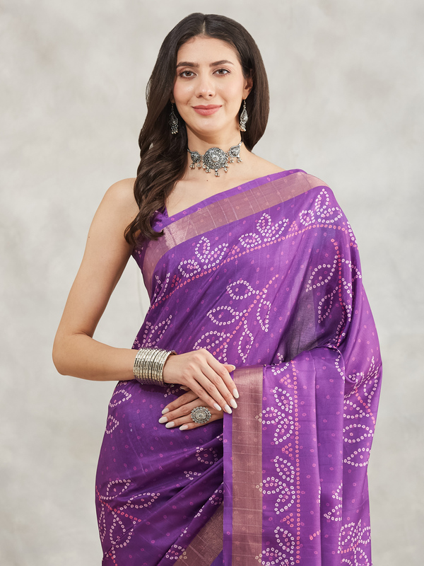 Saree - Silk Blend Lavender Ready To Wear Solid Saree with Unstitched Blouse