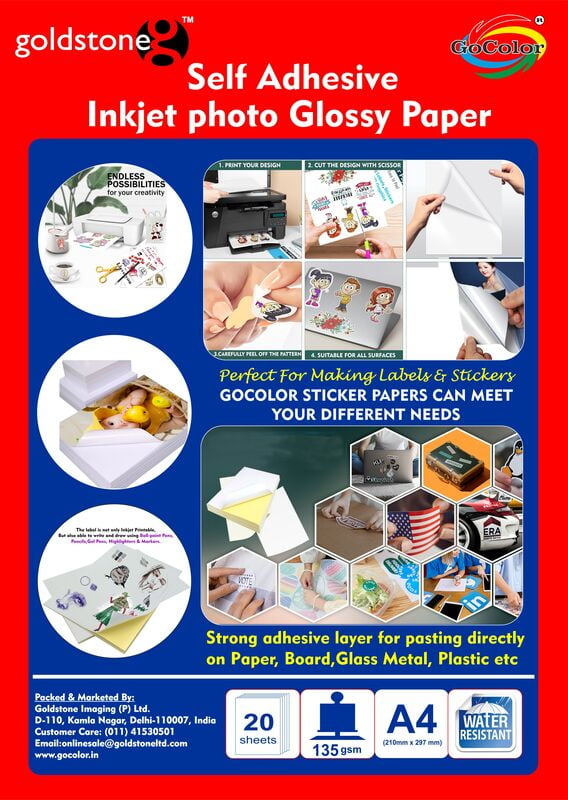 GoColor Self Adhesive Inkjet Paper - 135 Gsm A4 Size (210mm X 297mm) 20 Sheet GoColor Self Adhesive Inkjet Paper - 135 Gsm A4 Size (210mm X 297mm) 20 Sheet