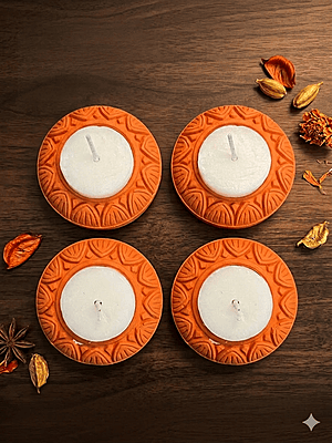 SET OF 4 ORANGE LOTUS DIYAS