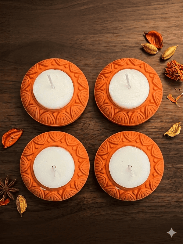 SET OF 4 ORANGE LOTUS DIYAS