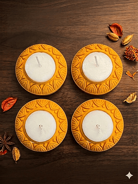 SET OF 4 YELLOW LOTUS DIYAS