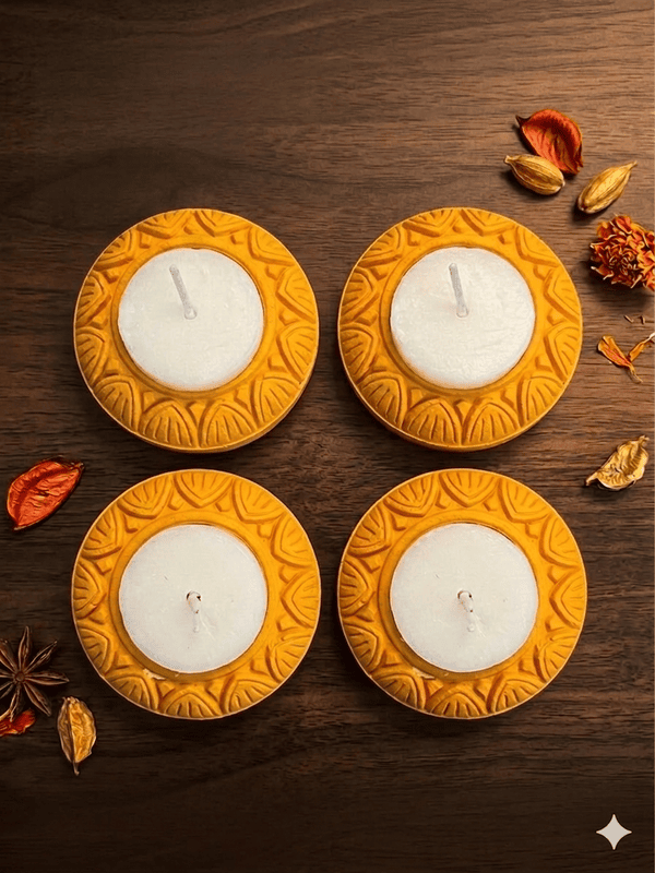 SET OF 4 YELLOW LOTUS DIYAS