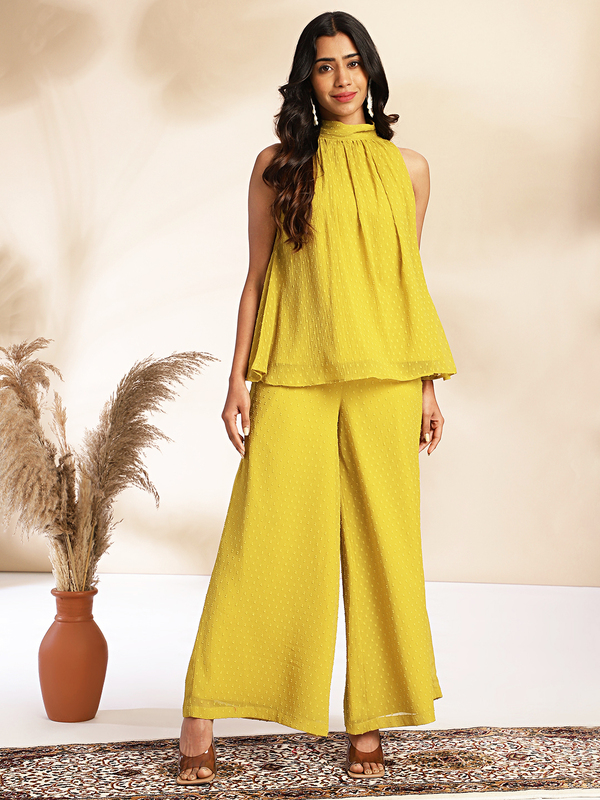Women's Yellow Dobby Chiffon Solid Co-ord Set