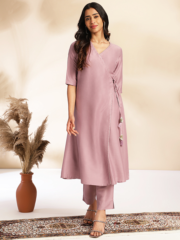 Women's Lavender Silk Blend Solid Angrakha Kurta Set