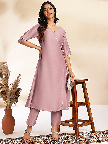 Women's Lavender Silk Blend Solid Angrakha Kurta Set