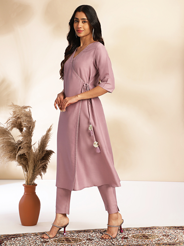 Women's Lavender Silk Blend Solid Angrakha Kurta Set