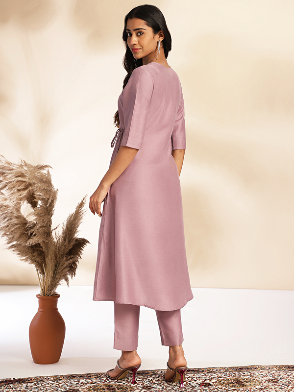 Women's Lavender Silk Blend Solid Angrakha Kurta Set