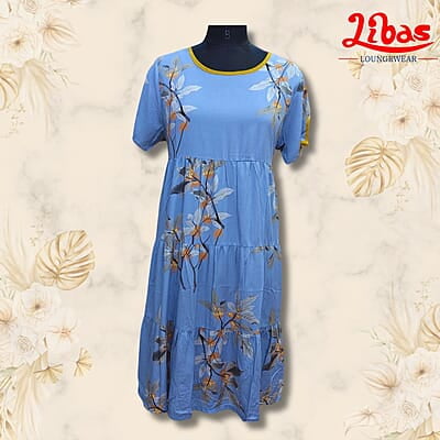 Blue Rayon Cotton Short Nighty With Floral Print All Over From Libas Loungewear - SHN067